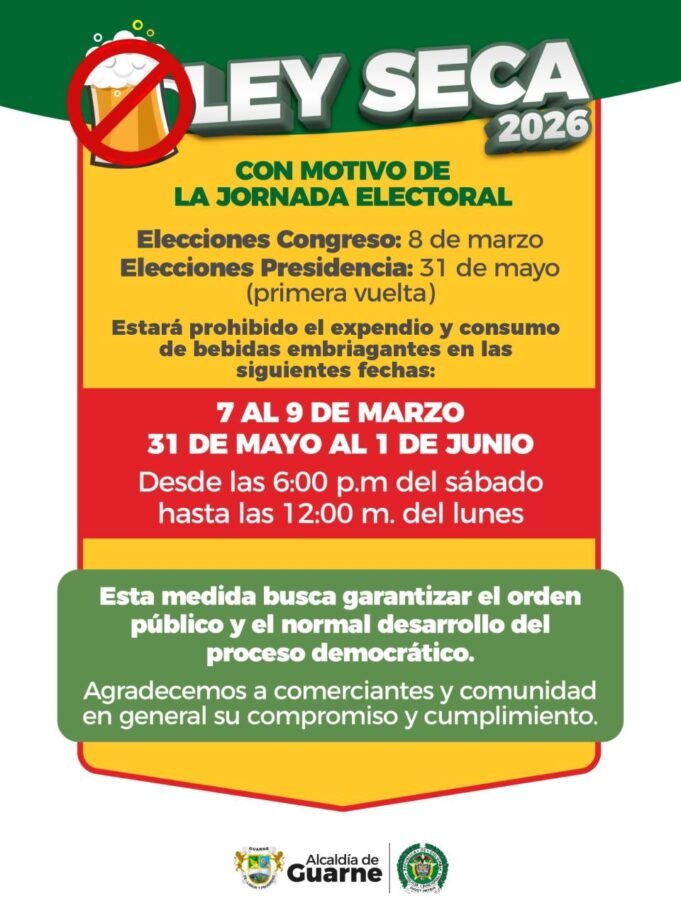 Alcaldía de Guarne restringe el expendio y consumo de bebidas embriagantes entre el 7 y el 9 de marzo.